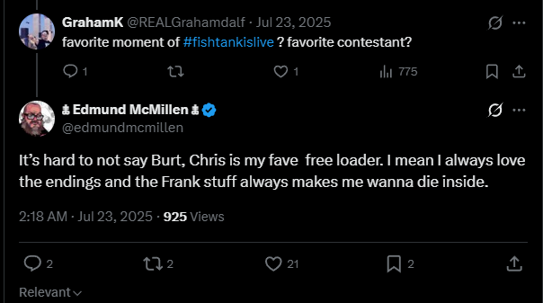 Reminder that Edmund is a Fishtank fan

#fishtanklive