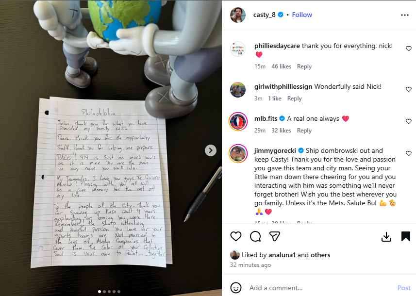 Nick Castellanos posts his goodbye to <a href="/Phillies/">Philadelphia Phillies</a>  fans note on IG
