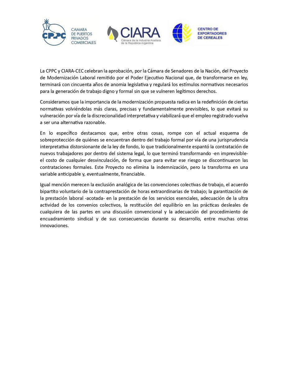 camara_puertos's tweet photo. @camara_puertos La Cámara de Puertos Privados Comerciales, la Cámara de la Industria Aceitera de la República Argentina y el Centro de Exportadores de Cereales  respaldan la aprobación del Proyecto de Modernización Laboral en la Cámara de Senadores de la Nación https://t.co/WA2aQh2Tjs