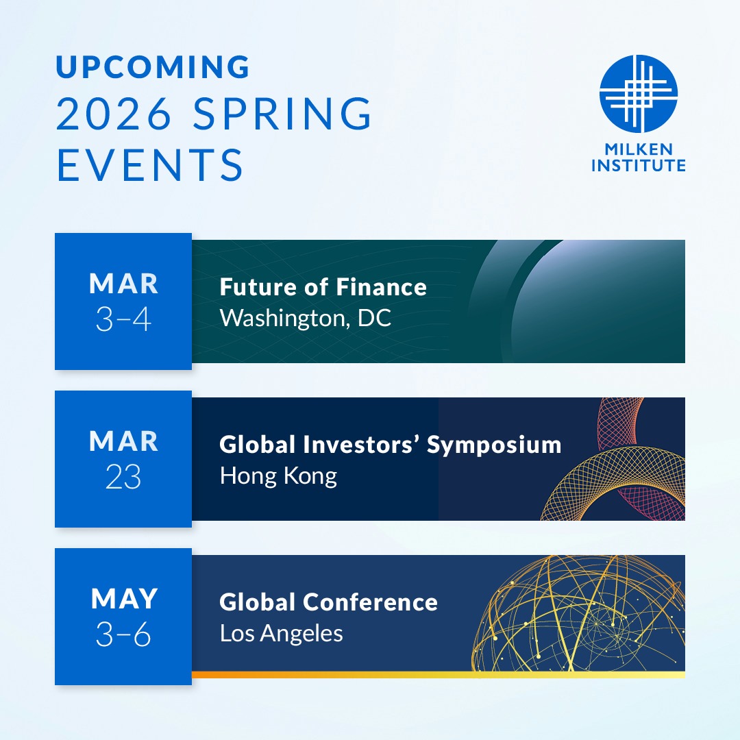 MilkenInstitute's tweet photo. Mark your calendars for our upcoming spring 2026 Milken Institute events!  

For these international convenings, we welcome leaders in business, politics, public health, entertainment, and more. Our summits feature expert discussions on issues both regional and global, with a focus on programs and initiatives dedicated to solving social and economic challenges.  

Learn more: https://t.co/dOhPtTRSzf  

#MIGlobal #GlobalInvestorsSymposium #HongKong #MIFinance #GlobalConference #LosAngeles