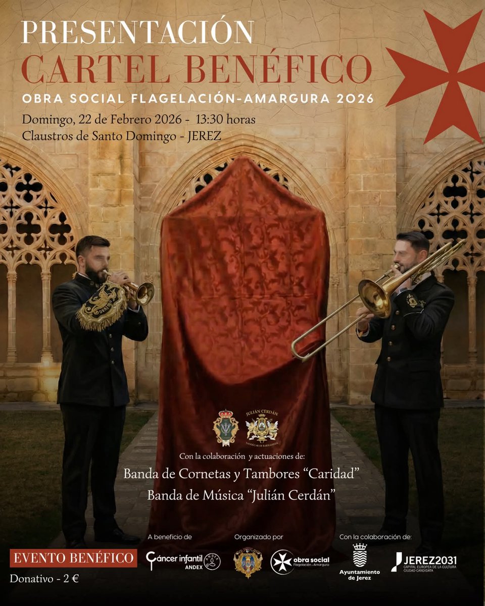🔴 OBRA SOCIAL FLAGELACIÓN - AMARGURA 

El domingo 22 de febrero, organizado por la Hermandad de la <a href="/AmarguraJerez/">Hermandad Amargura Jerez</a> y su Obra Social, y a beneficio de Andex - Cáncer Infantil, estaremos, junto a la <a href="/BctCaridad/">Caridad</a>, en la presentación de su Cártel Benéfico. 

#SuenaJuliánCerdán