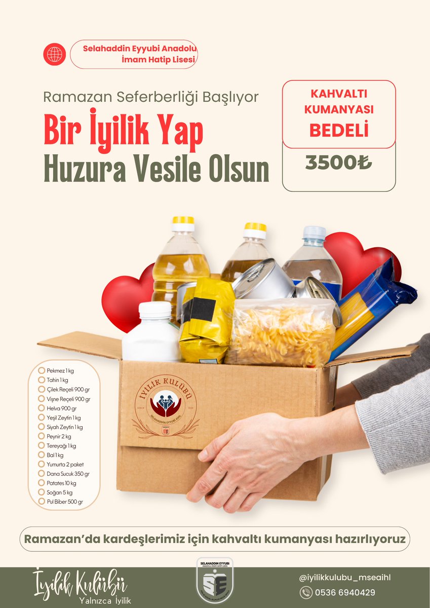 Yarım hurmayla bile olsa kendinizi ateşten koruyun. Bunu da bulamayan güzel bir sözle (kendisini ateşten korusun.)”
(Buhârî)

İyilik Kulübümüzün Ramazan Kumanyası çalışması devam ediyor. Kulübümüz bu sene ailelerimize kahvaltı malzemeleri içerikli yardım kumanyaları teslim edecek