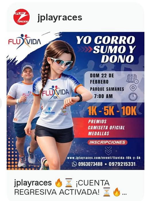 Carrera: Yo corro, sumo y dono. 

- Domingo, 22 de febrero de 2025. 
- En el Parque Samanes
- A las 07h00 AM

Inscripciones: 0963073488 - 0979215351

Organiza: Fundación Fluvida