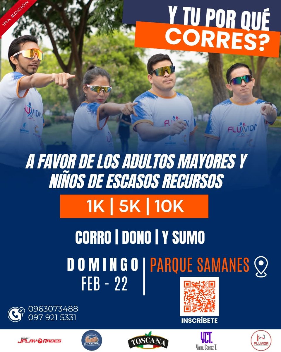 Carrera: Yo corro, sumo y dono. 

- Domingo, 22 de febrero de 2025. 
- En el Parque Samanes
- A las 07h00 AM

Inscripciones: 0963073488 - 0979215351

Organiza: Fundación Fluvida