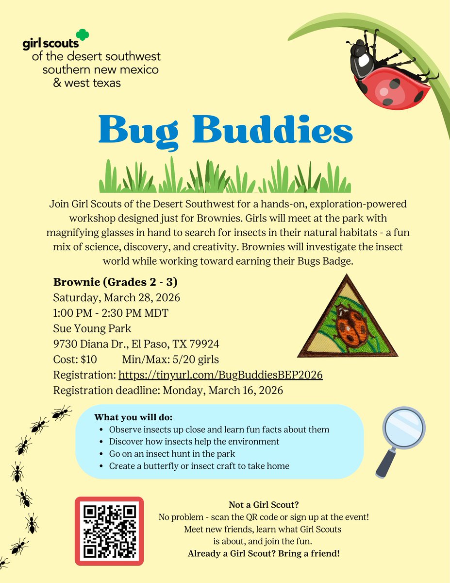 GSDSWOfficial's tweet photo. Discover the world of bugs!

Join us on Saturday, March 28 for a fun-filled adventure exploring insects in their natural habitats. Perfect for Brownies earning their Bugs Badge! 🐞 

Register here: 
https://t.co/NnsZU7p3lH https://t.co/XKNrTX7paO