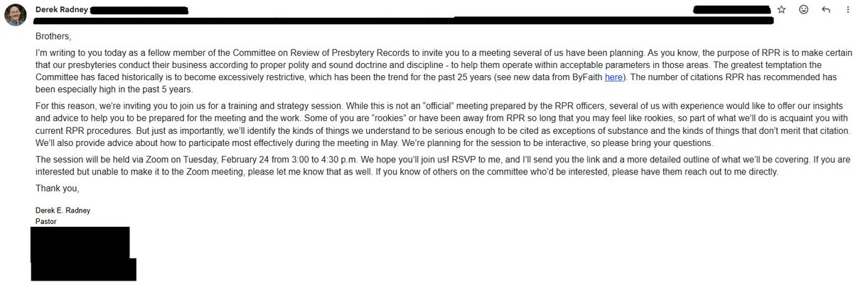 To understand the email below and why it matters, you need to understand the PCA's Review of Presbytery Records (RPR). 

RPR reads presbytery minutes and flags problems. They look for two kinds of issues:

1. Exceptions of form: minor paperwork or recording errors.

2. Exceptions