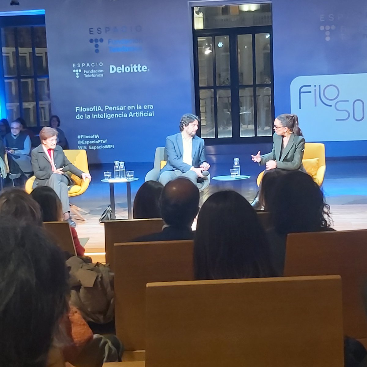 igrgavilan's tweet photo. Una instantánea de la mesa redonda de hoy en @fundacionTef titulada: "FilosofIA. Pensar en la era de la inteligencia artificial". De izquierda a derecha: @ACortinaPantion , @GarrochoS y @GarciaAller #IA #Etica #Fiolosofia #AIEthics #ResponsibleAI https://t.co/zgv2738XQw