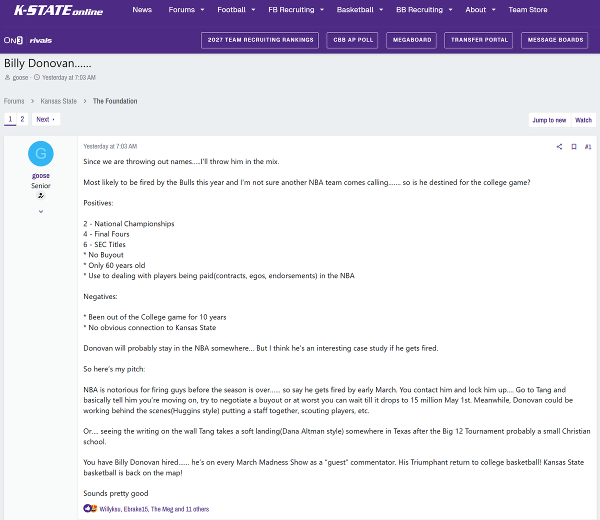 #KansasState Head Coach Hot Board Version 2.0:
  1. Billy Donovan