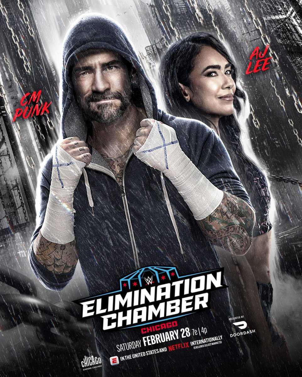 The official poster for Elimination Chamber 2026 starring CM Punk and AJ Lee.