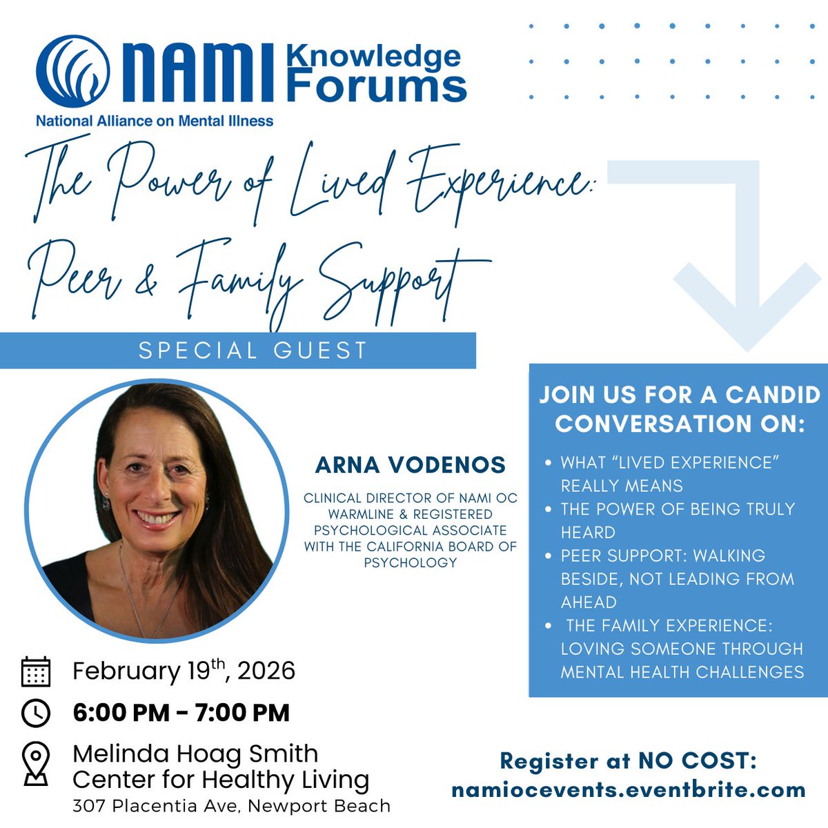 One week away! Join us for Knowledge Forum: The Power of Lived Experience. Discover how your lived experience can foster connection, healing, and resilience.
📅 Thursday, Feb 19 | 6pm
📍 In-person at Melinda Hoag Smith Center for Health Living
🎟️ Register namiocevents.eventbrite.com