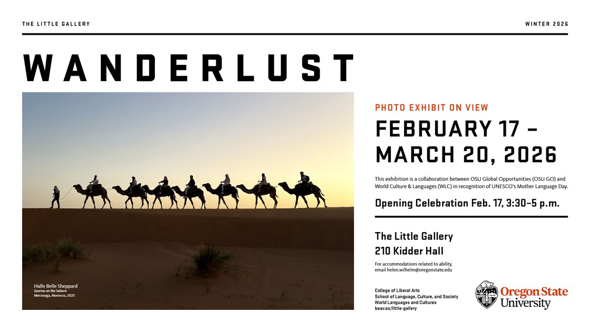 liberalartsosu's tweet photo. Wanderlust 2025
The Little Gallery 
February 17-March 20, 2026
Opening celebration on February 17, 3:30-5 p.m. https://t.co/jxle2xLLBP