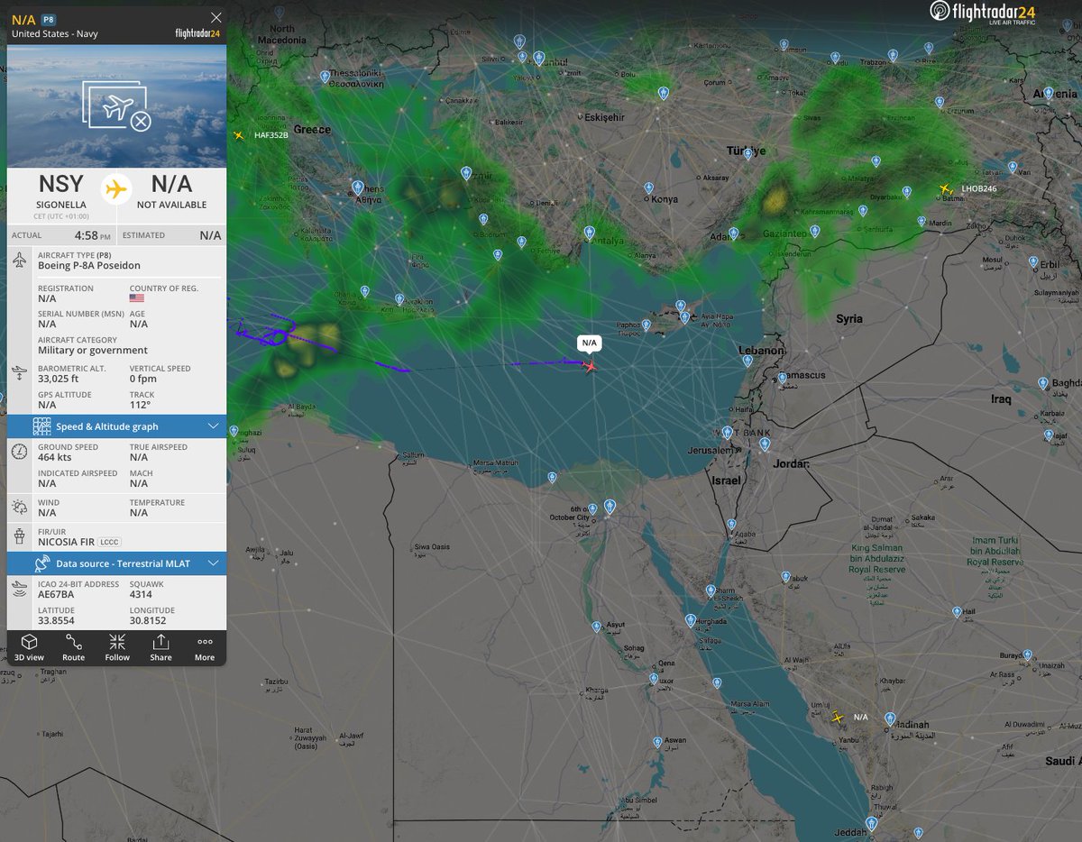 hey_itsmyturn's tweet image. #USN 🇺🇸  P-8A Poseidon over Eastern Mediterranean 

(AE67BA)