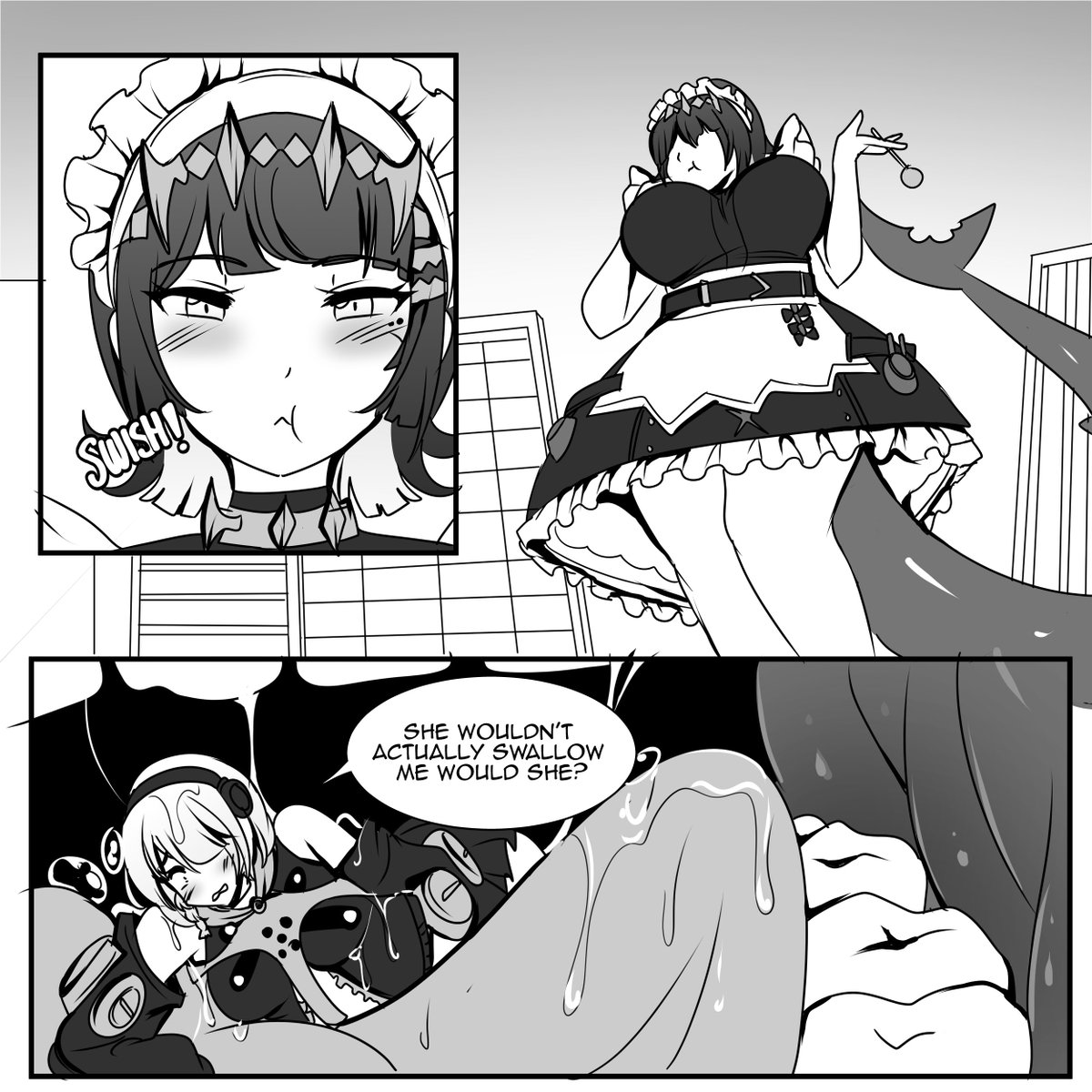 Sample page from my vore mini comic. Giantess Ellen Joe Noms. Ellen has some fun snacking on people in the city and taunting those who try to stop her. Available on itch.io or if you support me monthly.  sainttail.itch.io