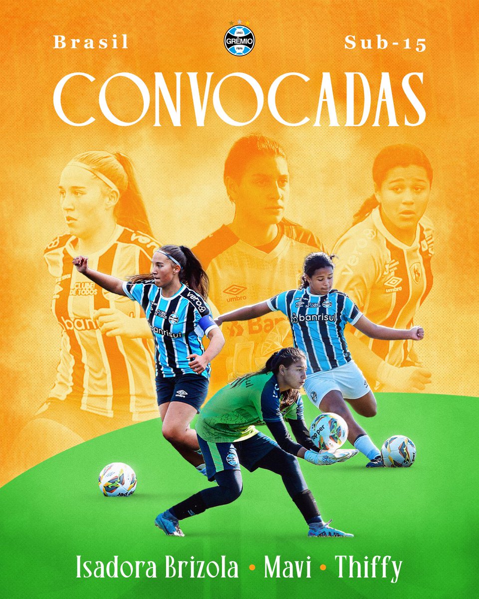 BASE CONVOCADA 🇪🇪🇧🇷 Isadora Brizola, Mavi e Thiffy vão representar as três cores na Seleção Brasileira #Sub15. Elas irão participar de um período de treinamentos com a amarelinha em Balneário Camboriú. Que orgulho das nossas #Mosqueteiras!

Leia em gremio.net/noticias/detal…
