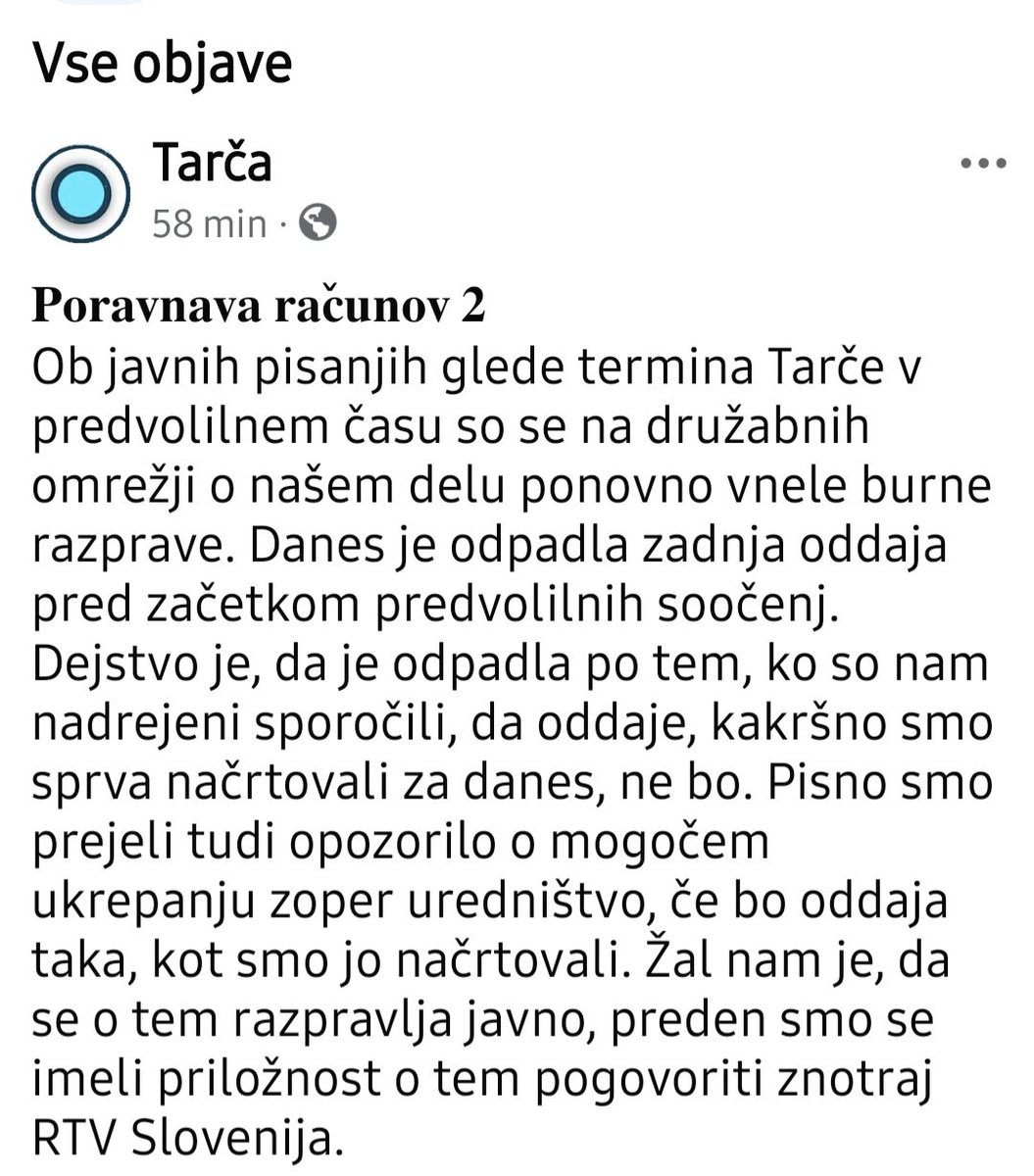 In oglasila se je ekipa Tarče. Oddaje ni, ker vodstvu tema/gostje ni bila všeč 🤔