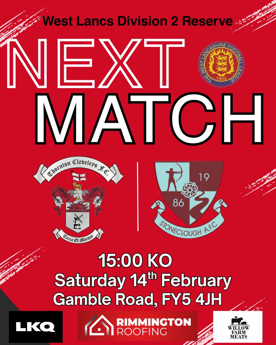 𝑼𝑷 𝑵𝑬𝑿𝑻🔴

We’ve got a Reserves double header in store for you this weekend if the weather allows! The Reserves take on <a href="/LanghoFC/">Langho FC</a> while the Res A welcome <a href="/stonecloughfc1/">Stoneclough FC</a> Reserves

⏰ 15:00
🏟️ Gamble Road, FY5 4JH
🏆 West Lancs Div 2/Res Div 2
🎟️ Free Entry

#TCFC #ALLRED 🔴