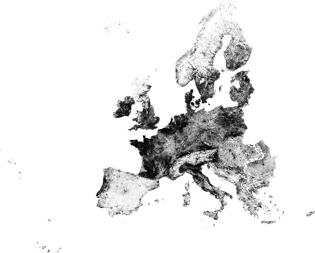A map of population distribution in Europe (black = at least one inhabitant per square km)

Always stuns me to see how empty swaths of Spain are!