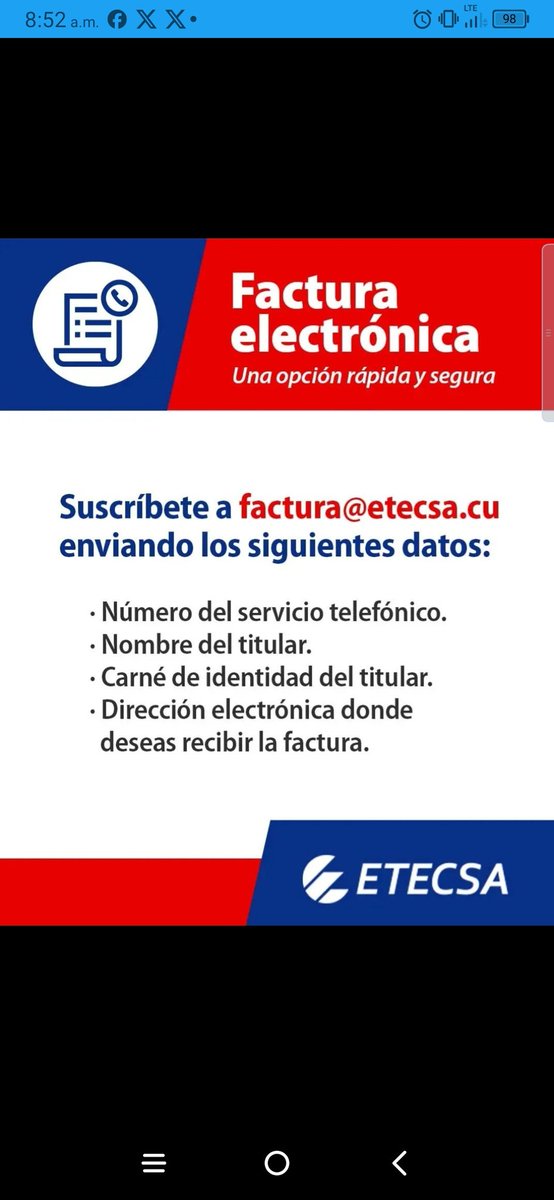 Recuerda que la #FacturaTelefónica puedes pagarla desde la comodidad de tu hogar utilizando:
👉 #ServiciosEnLínea 
👉#Transfermovil 
👉 #EnZona
Suscribiéndote a factura@etecsa.cu recibirás tu factura mensual directamente en tu correo. 
#EtecsaConCuba