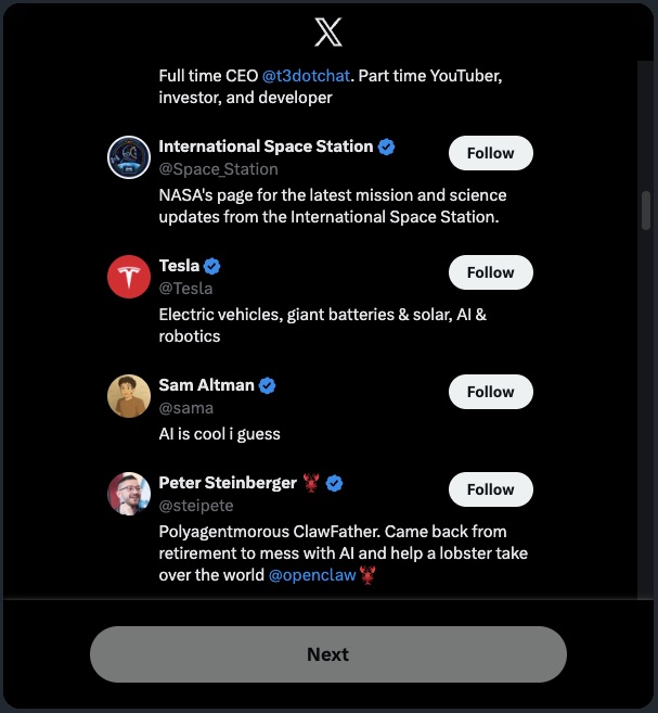 The accounts X recommends to new users: NASA, Sam Altman and Peter Steinberger. Talking about <a href="/steipete/">Peter Steinberger 🦞</a> reached peak "orbit", quite literally.