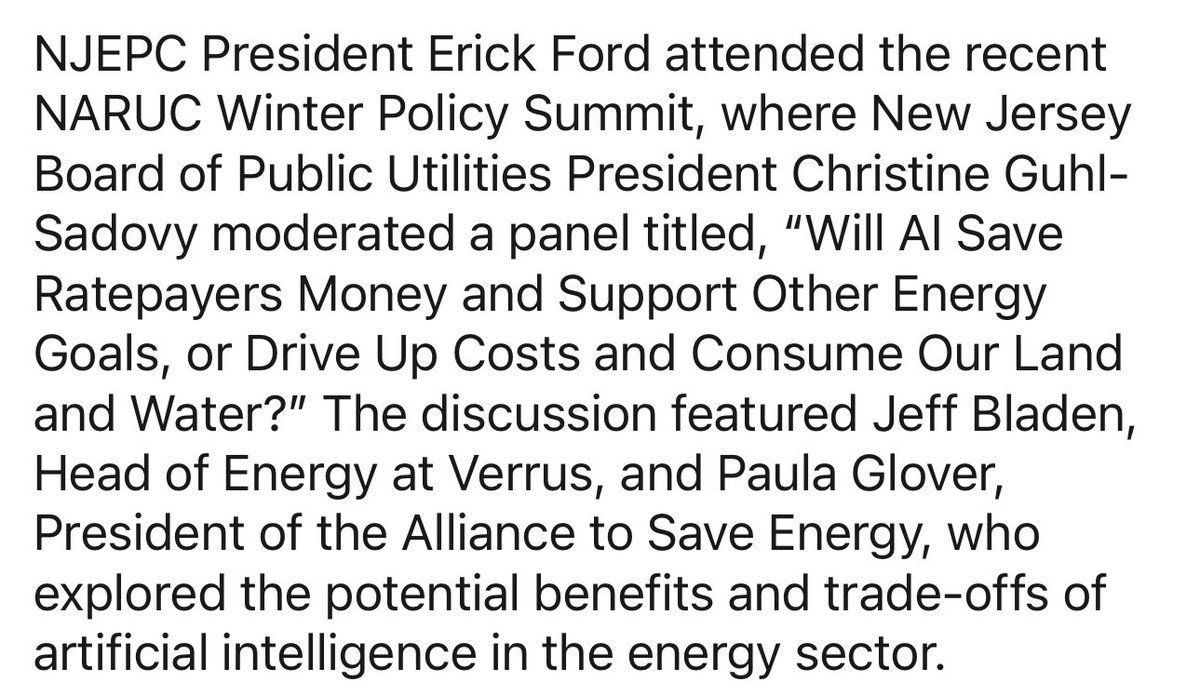 NJEPC President Erick Ford attended the recent NARUC Winter Policy Summit, where NJ BPU President Christine Guhl-Sadovy moderated a panel titled, “Will AI Save Ratepayers Money and Support Other Energy Goals, or Drive Up Costs and Consume Our Land and Water?”