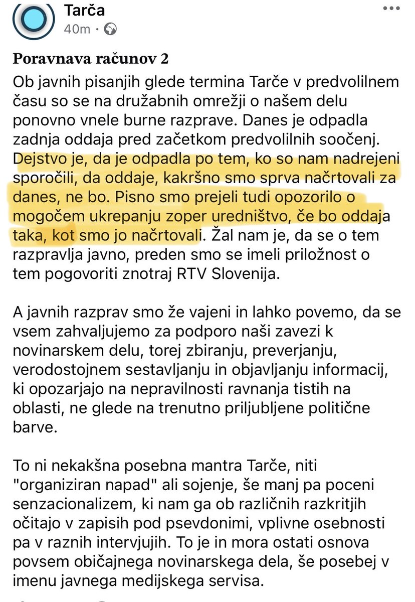 Tole je odziv ustvarjalcev danes odpovedane oddaje Tarča. Vodstvo TVSLO očitno grozilo ustvarjalcem. V kakšno luč to postavlja vodstvo in  njihovo javnosti posredovano PR sporočilo o razlogih za odpoved oddaje? Si resnično želimo in potrebujemo takšen javni medijski servis? Je to