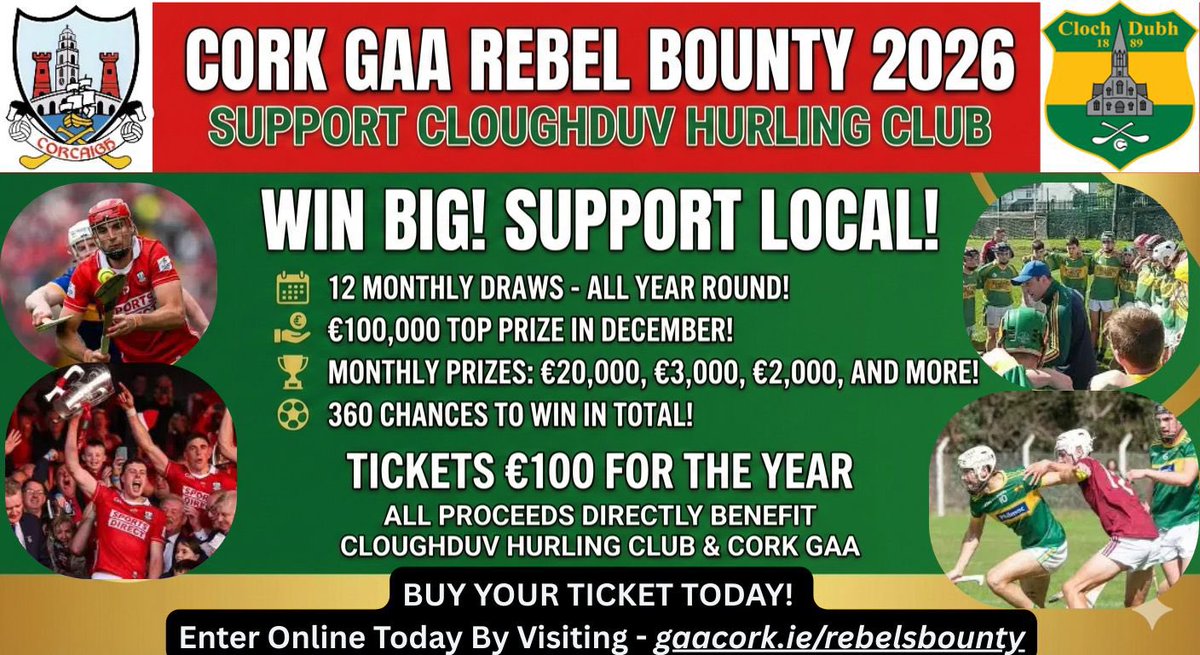 CloughduvHurlin's tweet photo. 🔰 Rebels' Bounty 2026 - Tickets Now on Sale! 🔰

Support both Cloughduv and Cork GAA this year by buying or renewing your Rebels' Bounty ticket for the coming year! 🎟️

For more information and to sign up now, search for:
https://t.co/VXY3p1oniY https://t.co/yftfji5r7Q