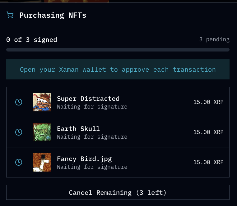 🛒 Shopping cart added to XRP Deals!

Browse around and add as many listed NFTs as you want to your shopping cart, and then checkout to get all of the signing transactions at once.

Shipping new features almost daily over here.