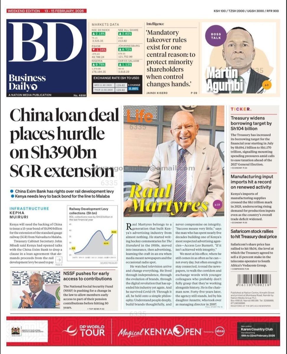 🗞️ Business Daily | Feb 13, 2026

—China’s Loan Deal Creates Hurdles for KES 390B SGR Extension Project
—Treasury Increases Borrowing Target by KES 104 Billion to Fund Budget Shortfall
—Kenya’s Manufacturing Input Imports Surge to Record High Amidst Economic Rebound
—Safaricom