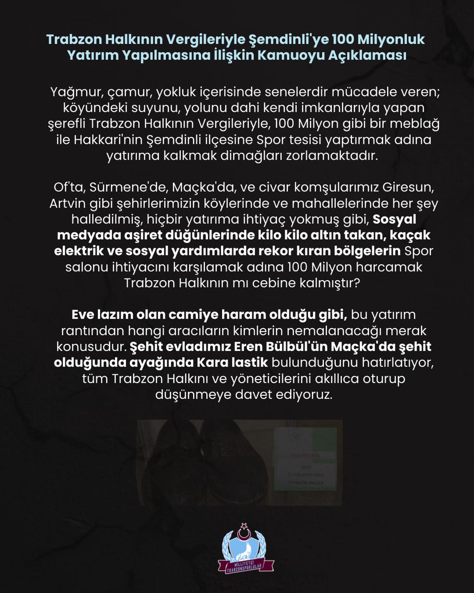 Trabzon Halkının Vergileriyle Şemdinli'ye 100 Milyonluk Yatırım Yapılmasına İlişkin Açıklamamız.