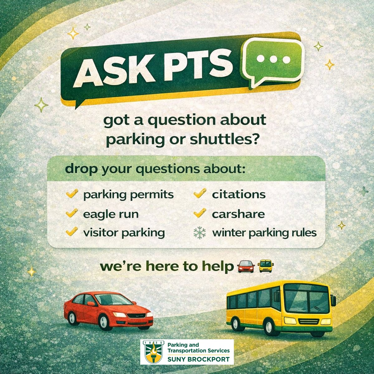 Got questions? Ask PTS 💬

#askpts #sunybrockport #campusparking
#campustransportation #brockportlife