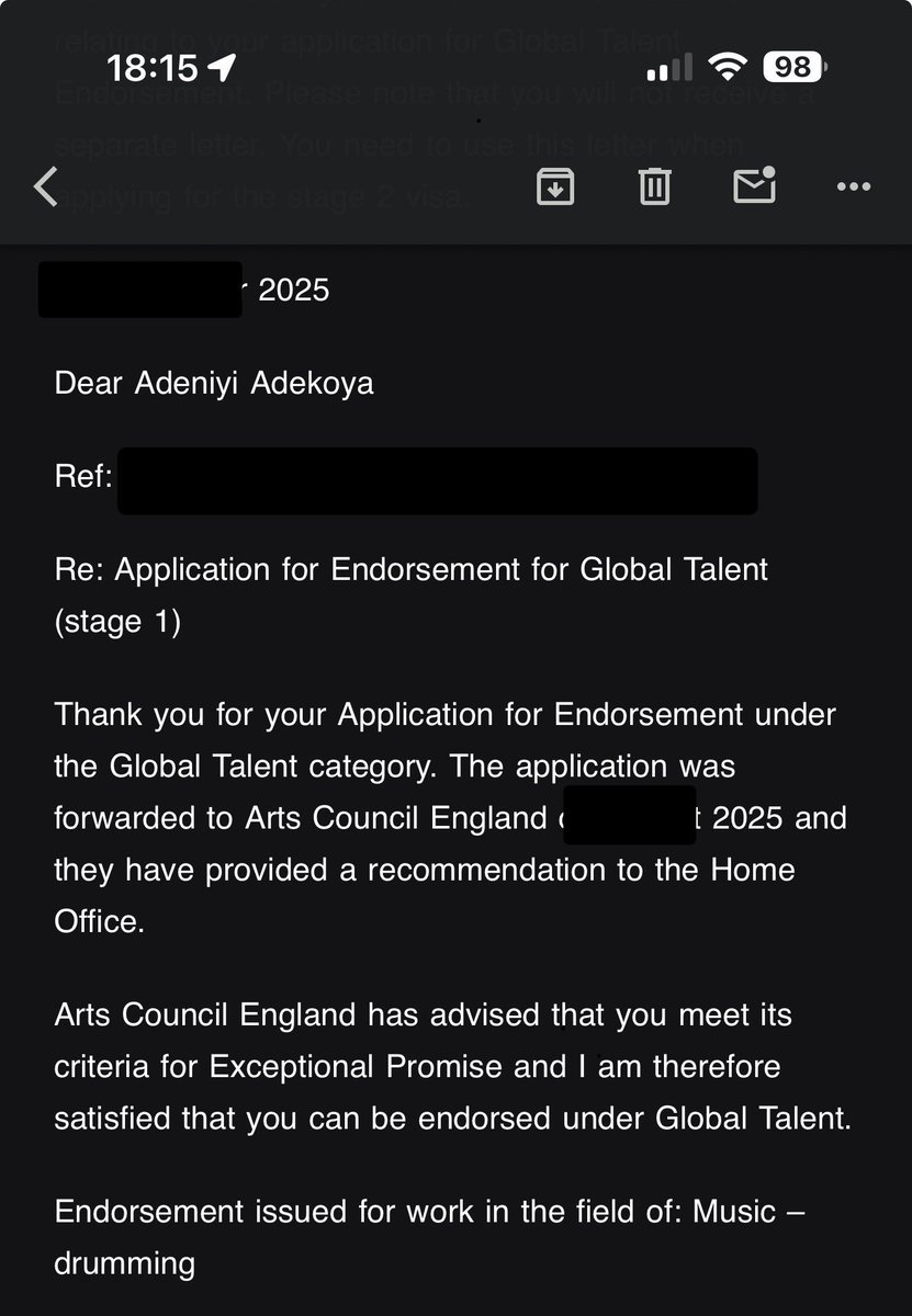 niyii3's tweet photo. Drumming changed my life.

Today, I’ve been granted the UK Global Talent Visa Arts &amp; Culture ( Music – Drumming )

This is more than a visa.
It’s years of discipline, mentorship, performance and faith being recognised.

God did it.

ỌMỌ́ ÀDÉBỌ̀YÉ. 👑 https://t.co/CrFbVn2cad