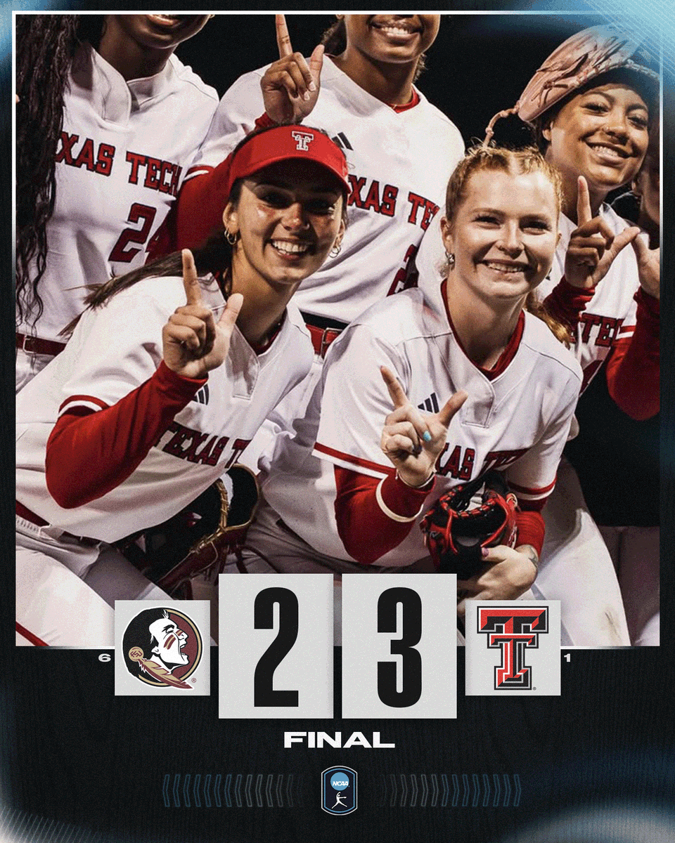 TOP 🔟 TEXAS TECH WIN 💪

No. 1 <a href="/TexasTechSB/">Texas Tech Softball</a> defeats No. 6 Florida State, 3-2!

#NCAASoftball