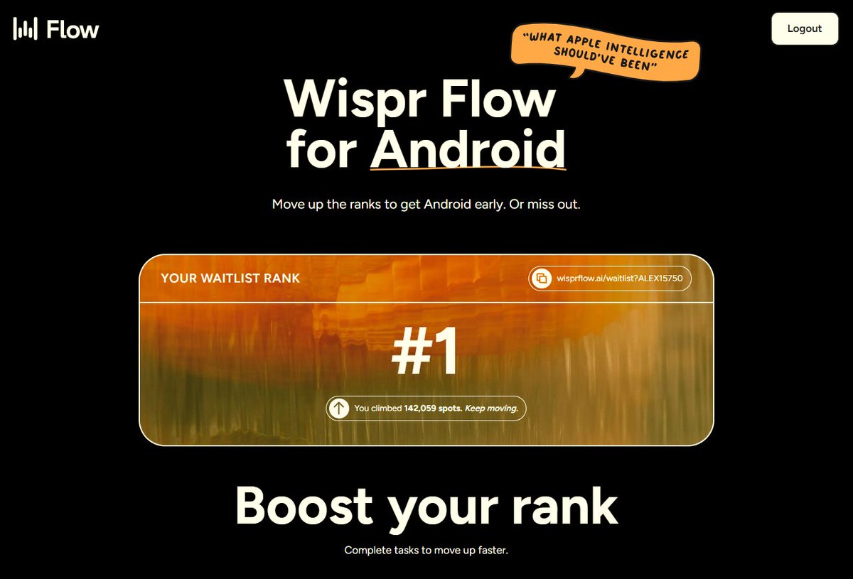 aleksbagrov's tweet photo. Final hours of the Android challenge by @WisprFlow 🔥
I’m holding #1, but everything can change at the finish line.
Brilliant tool, you will not regret using it!

Your support means a lot — here’s my referral link ⬇️
https://t.co/D9US52eGFU https://t.co/Rs9jPm9DUD