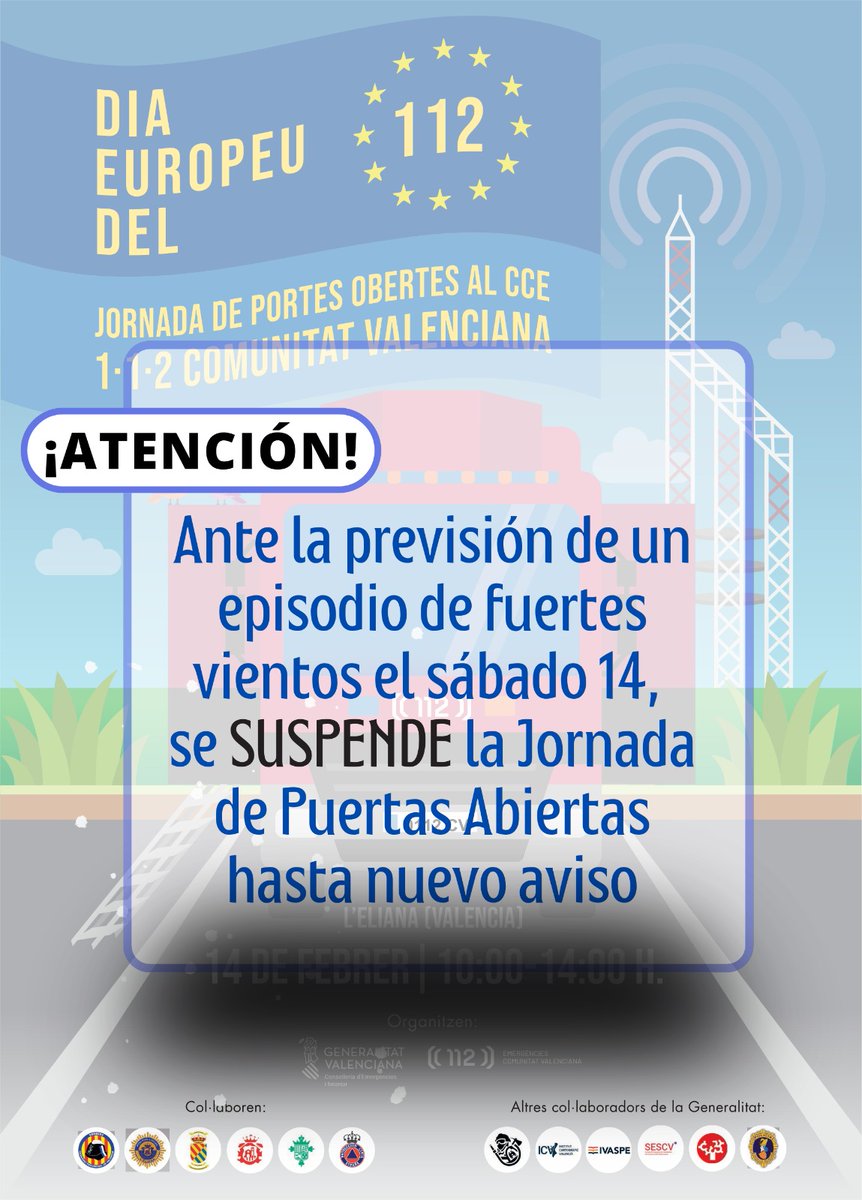GVA112's tweet photo. ⚠️Debido a la previsión de un episodio de fuertes vientos durante el fin de semana se suspende la XXII Jornada de Puertas Abiertas del Centro de Coordinación de Emergencias programada el sábado 14 de febrero en l'Eliana https://t.co/VzSKWBBerh