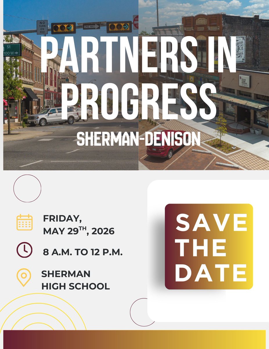 ShermanEDC's tweet image. Sherman and Denison are coming together for Partners in Progress to align strategy and shape the future of Texoma.

May 29, 2026
8:00 a.m. to 12:00 p.m.
Sherman High School

Join the conversation.
buff.ly/PpnZcK6

#PartnersInProgress #ShermanDenison #econdev
