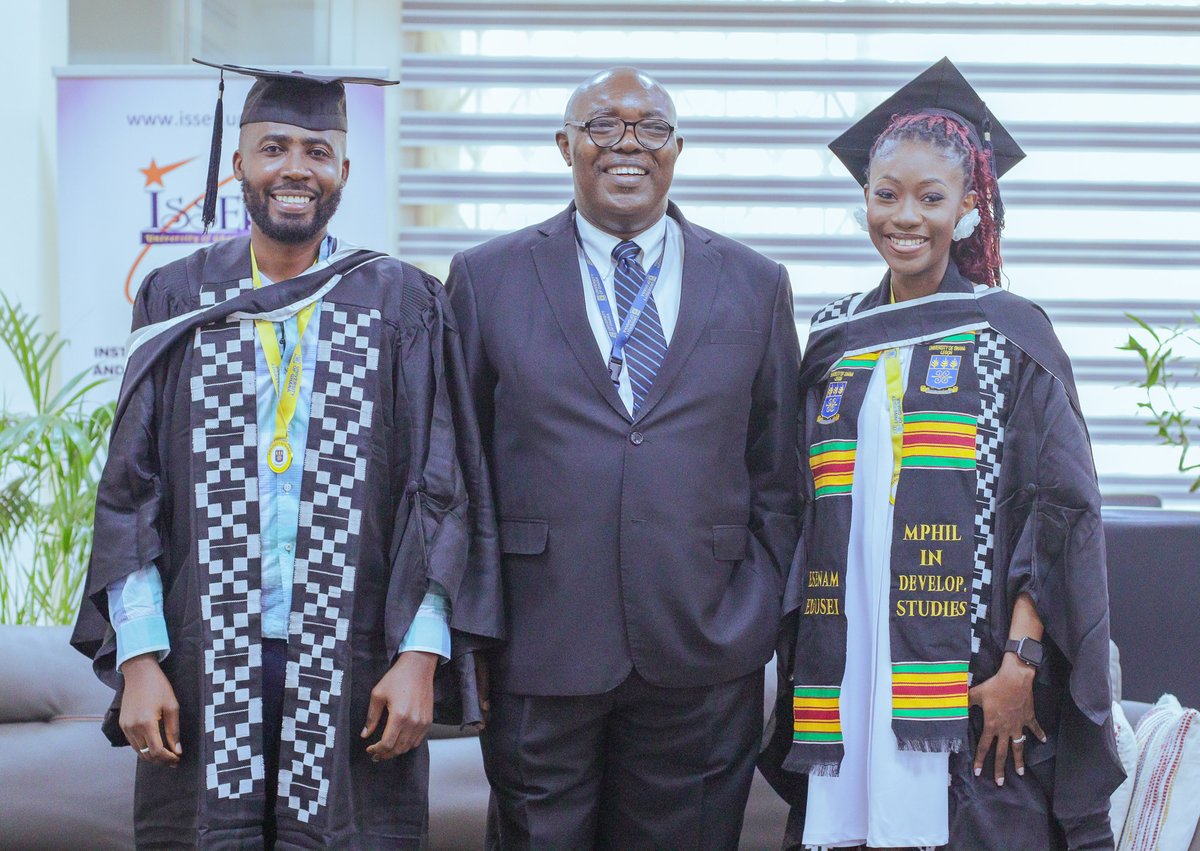 ISSERUG's tweet photo. Few things are more fulfilling than seeing our stds excel. Weโre thrilled to celebrate Esenam & Ahmed Duker, who graduated this wk with MPhil degrees in Devt Studies. Photos from their courtesy visit to ISSER. @UnivofGh #IntegriProcedamus #UGClassOf2026 #KnowledgeForDevelopment https://t.co/voe9wgUsyw