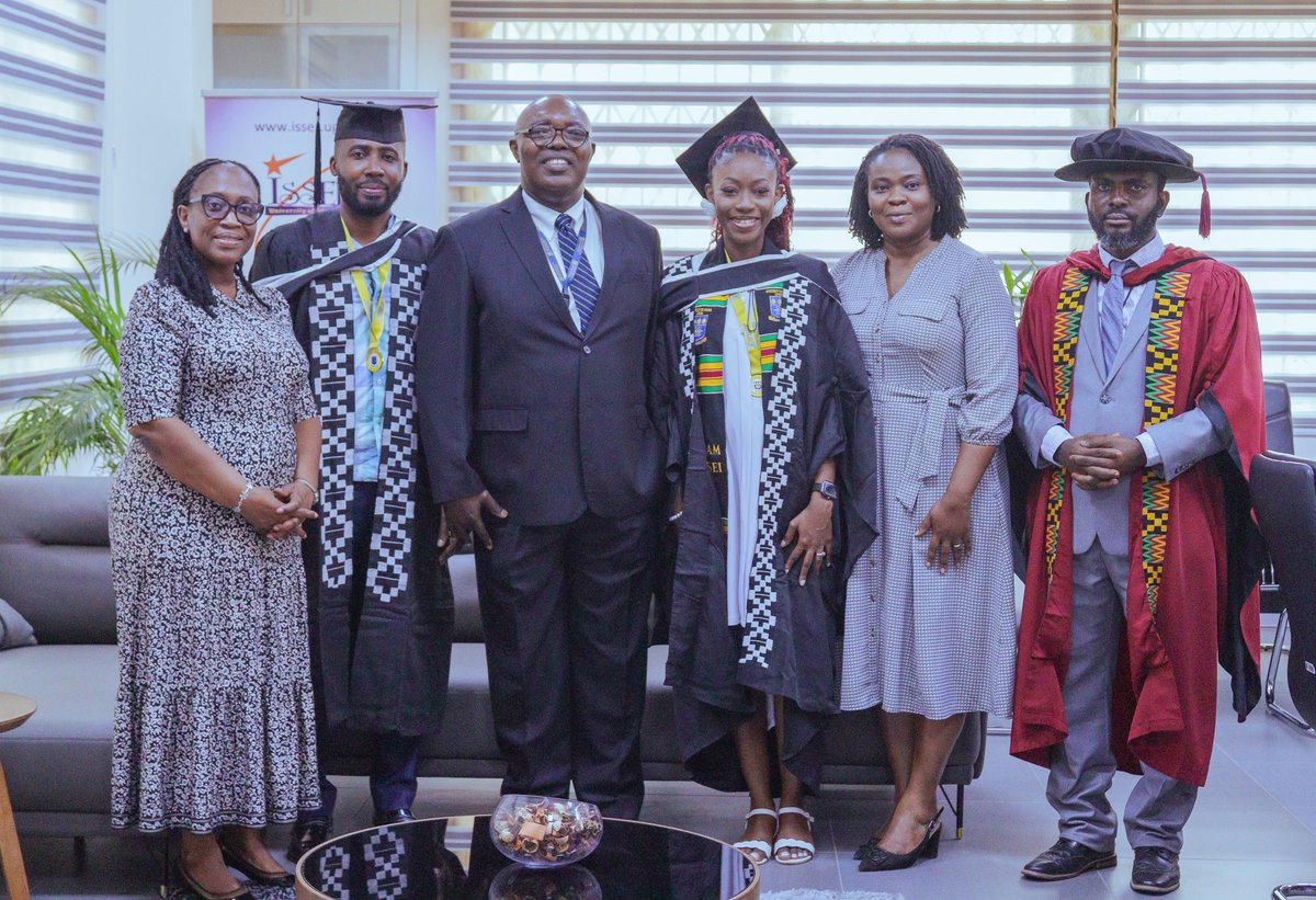 ISSERUG's tweet photo. Few things are more fulfilling than seeing our stds excel. Weโre thrilled to celebrate Esenam & Ahmed Duker, who graduated this wk with MPhil degrees in Devt Studies. Photos from their courtesy visit to ISSER. @UnivofGh #IntegriProcedamus #UGClassOf2026 #KnowledgeForDevelopment https://t.co/voe9wgUsyw