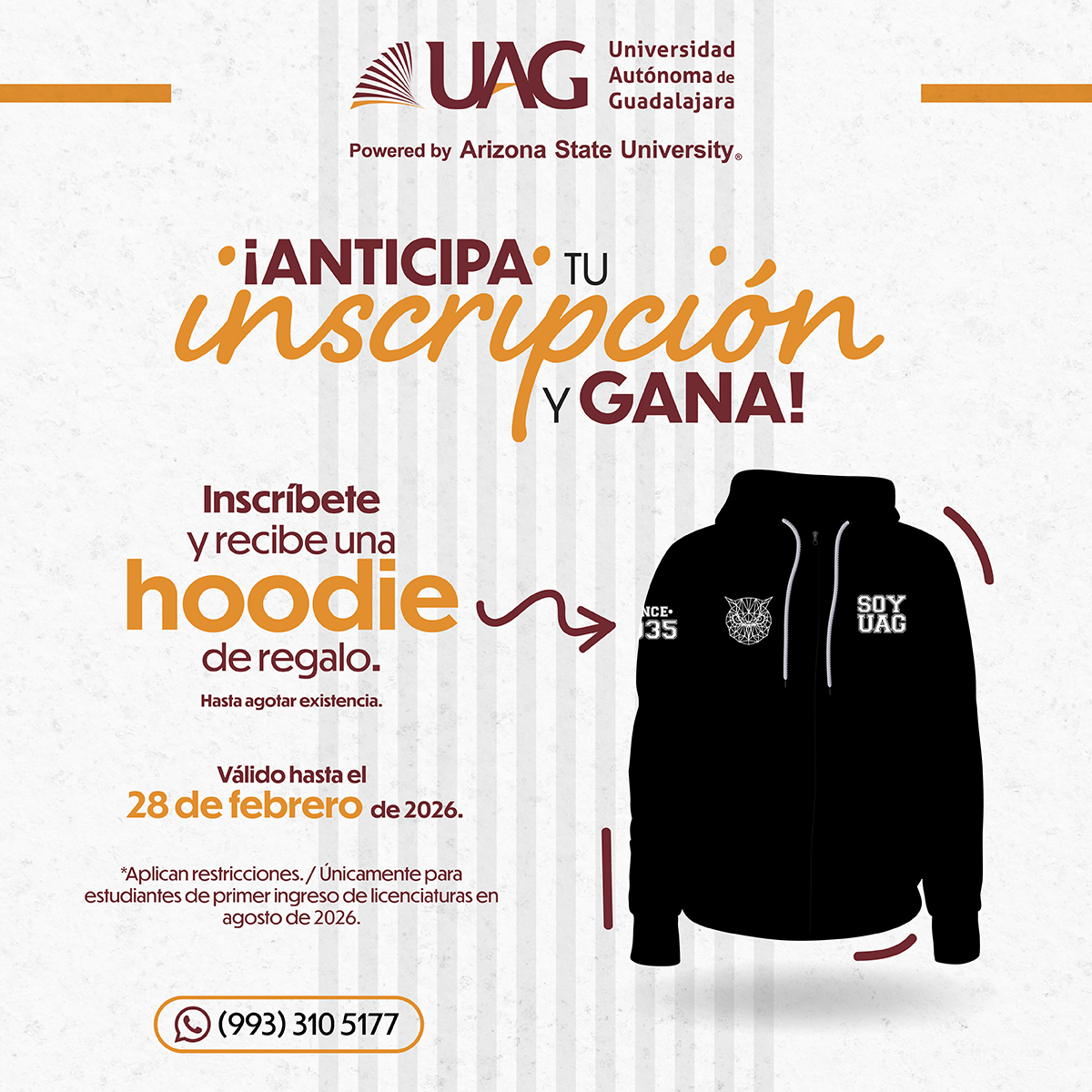 🦉✅ ¡Tu mejor educación comienza en la 𝗨𝗔𝗚 𝗖𝗮𝗺𝗽𝘂𝘀 𝗧𝗮𝗯𝗮𝘀𝗰𝗼!

Inscríbete con anticipación y llévate de regalo una 𝗵𝗼𝗼𝗱𝗶𝗲 𝗨𝗔𝗚.
Asegura tu lugar y fórmate como un profesional de excelencia. 🎓✨

👉 𝗠á𝘀 𝗶𝗻𝗳𝗼𝗿𝗺𝗮𝗰𝗶ó𝗻: bit.ly/HoodieQ3PromoU…