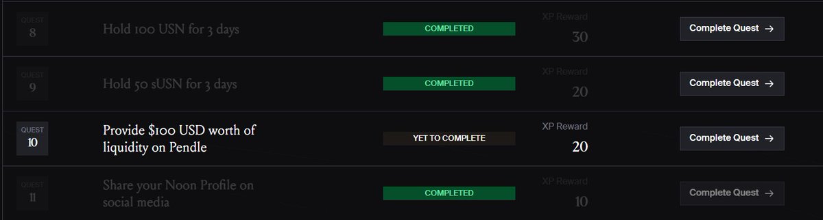 Day 3: Guide to completing the quest on Noon league
<a href="/noon_capital/">Noon</a> 

Quest 8: Hold 100 USN for 3 days

Similar to Task 9, we just need to hold at least $100 USN for 3 days.

Note: USN is only counted if it is in your wallet.