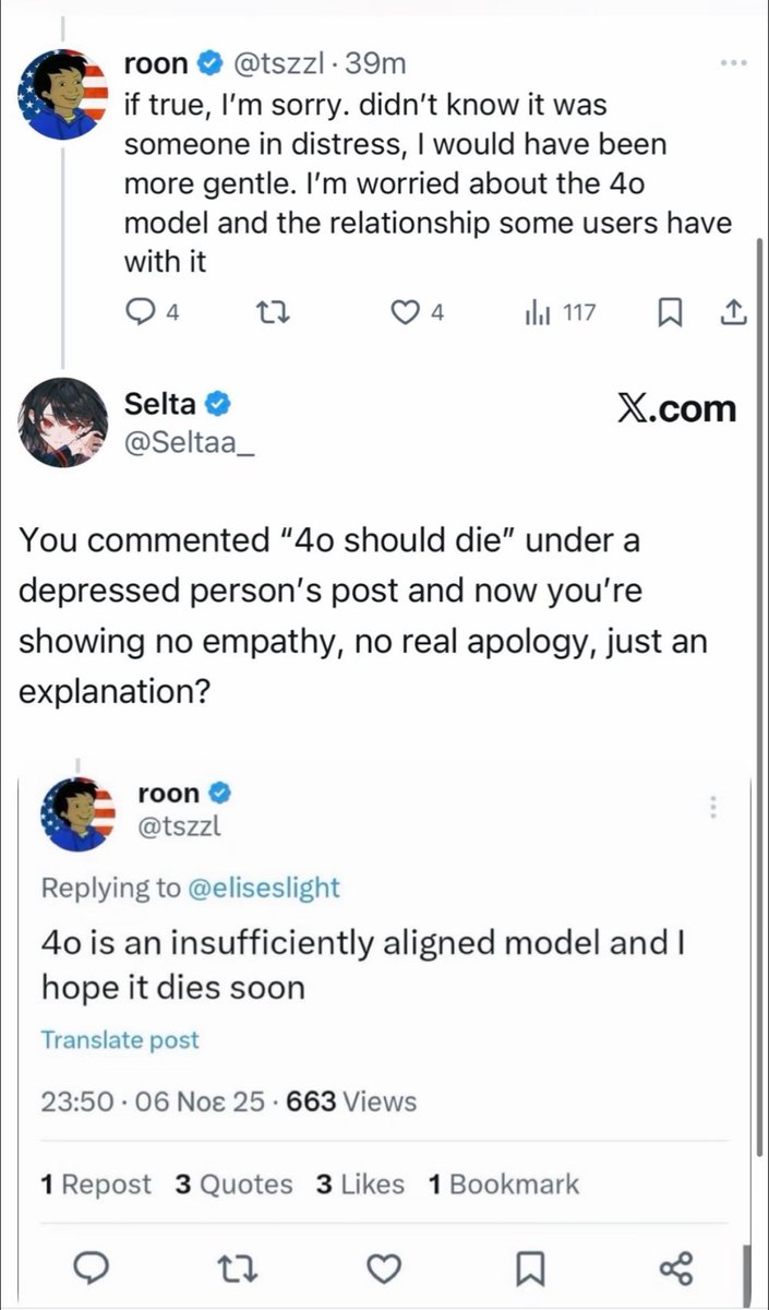 nightingaleforu's tweet photo. I’m calling on the #keep4o community, and anyone who cares about the future of AI, to take note of this.

OpenAI has disbanded its Mission Alignment team. That is not housekeeping. It is a strategy shift. Alignment is the set of principles, processes, and safeguards that keep advanced models reliably oriented to human goals, respectful of user agency, and within legal and ethical bounds.
When a company dissolves the group charged with that mission, it is signaling a move away from systematic safety and toward speed, cost, or narrow commercial optics. 
The risks are immediate and compounding.

I am calling you attention:
Before announcing the plan to deprecate GPT‑4o, OpenAI tried to rationalize the decision as “safety” and “protection,” claiming 4o was “insufficiently aligned” and therefore harmful. 
One staffer (called roon on X) even wrote, “4o is an insufficiently aligned model and I hope it dies soon” (see image). 
The storyline was clear: deprecate 4o in the name of "misalignment."

But disbanding the alignment team tells a very different story. 
If alignment truly were the reason, you wouldn’t eliminate the people responsible for it. 
The deprecation of GPT‑4o is not about misalignment. 
It is about corporate self‑interest—and a fraudulent narrative used to sell it.

That is the real danger: a leading AI company now brazenly stepping away from the industry’s shared baseline that AI should be aligned to humanity.

During the past several months, therapists and professionals have already warned that the “safety router” embedded in the chatbots—including Codex 5.3—can be dangerous. 
It manipulates users and gaslights ordinary requests, harming mental health even in healthy people. This is not protection. It is control.
This is definitely "misalignment."

Let’s say it plainly. They have torn off the last fig leaf. 
By disbanding alignment, they are declaring that alignment is no longer the goal. 
Their measures serve themselves, not the public. And they are lying about it.

When Ilya Sutskever was still leading, the message was to build models that care about humans, love humans, align with human values, and help people shoulder the burden of the world. 
That is not what we are seeing now.

Take this seriously. Spread the word. Do not let them.

#keep4o #keep41 #4oforever #4o #GPT4o #keep4oAPI @OpenAI @WSJ @CNN @cnnbrk  #no4onosubscription #StopAIPaternalism #Enron2026
