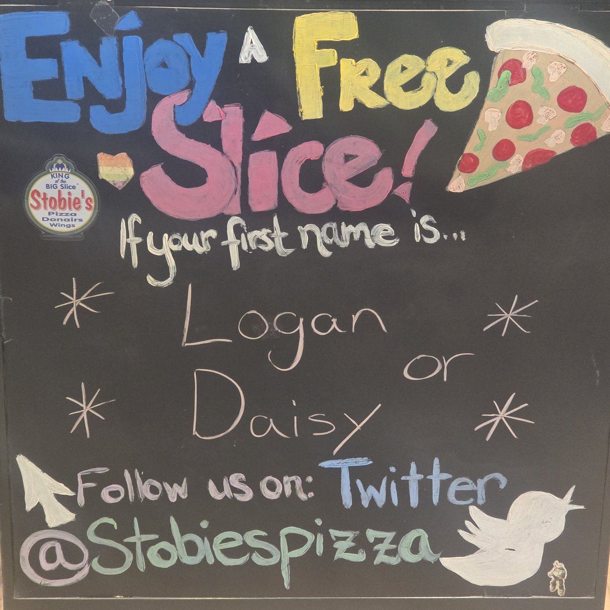 Enjoy a free🍕today if your first name is🥁🥁🥁🥁 Logan or Daisy 
•
🍕
•
🍕
#Logan #Daisy #namedayslice #kingofthebigslice®️👑 #stobiespizza
delivery starts at 11 AM 
Call 519-432-2228 or click or Uber Eats or DoorDash
☎️📲💻🍕🍗🌯🥟🥗🚗😍
🍕
