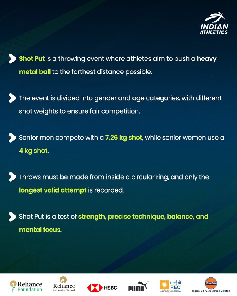 afiindia's tweet image. Shot put - a test of explosive strength skill and mental focus 👊

#KnowYourSport #ShotPut #IndianAthletics #AFI