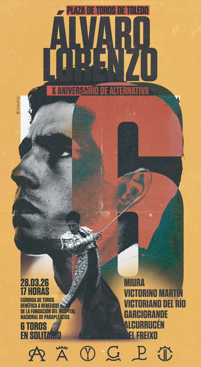 Cartel oficial para la Encerrona Benéfica de Álvaro Lorenzo en Toledo a beneficio del Hospital Nacional de Parapléjicos.
¡Enhorabuena por estos 10 años de alternativa, <a href="/alvaro_lorenzog/">Álvaro Lorenzo</a> ! 🤘

Si te gusta lo que ves por aquí… en Instagram hay (muchos) más 👀instagram.com/ivanestupina/