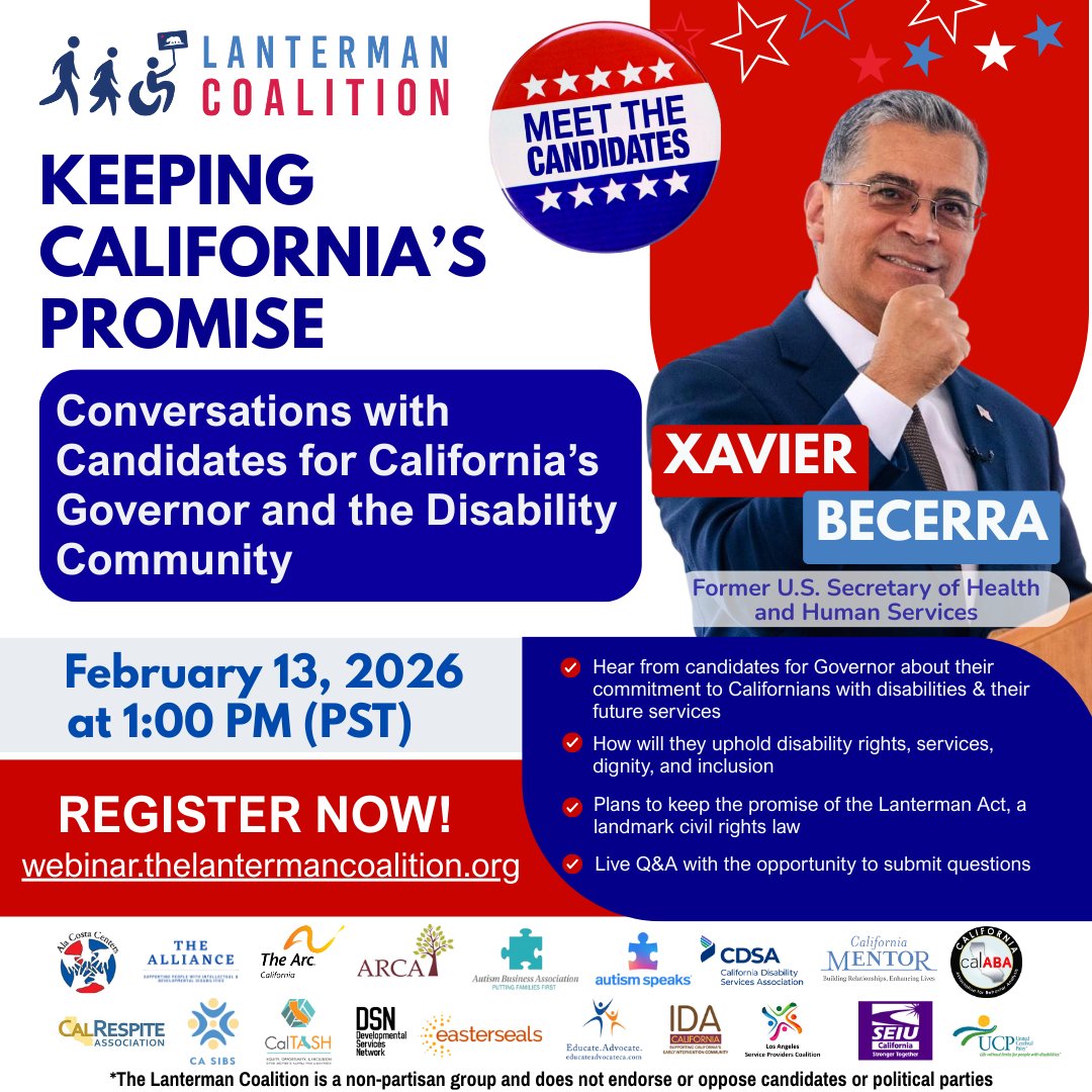 Join <a href="/CAlanterman/">The Lanterman Coalition</a>'s "Keeping California’s Promise" interview series to hear from candidates for California’s next Governor about their commitment to people with disabilities! thelantermancoalition.org/events