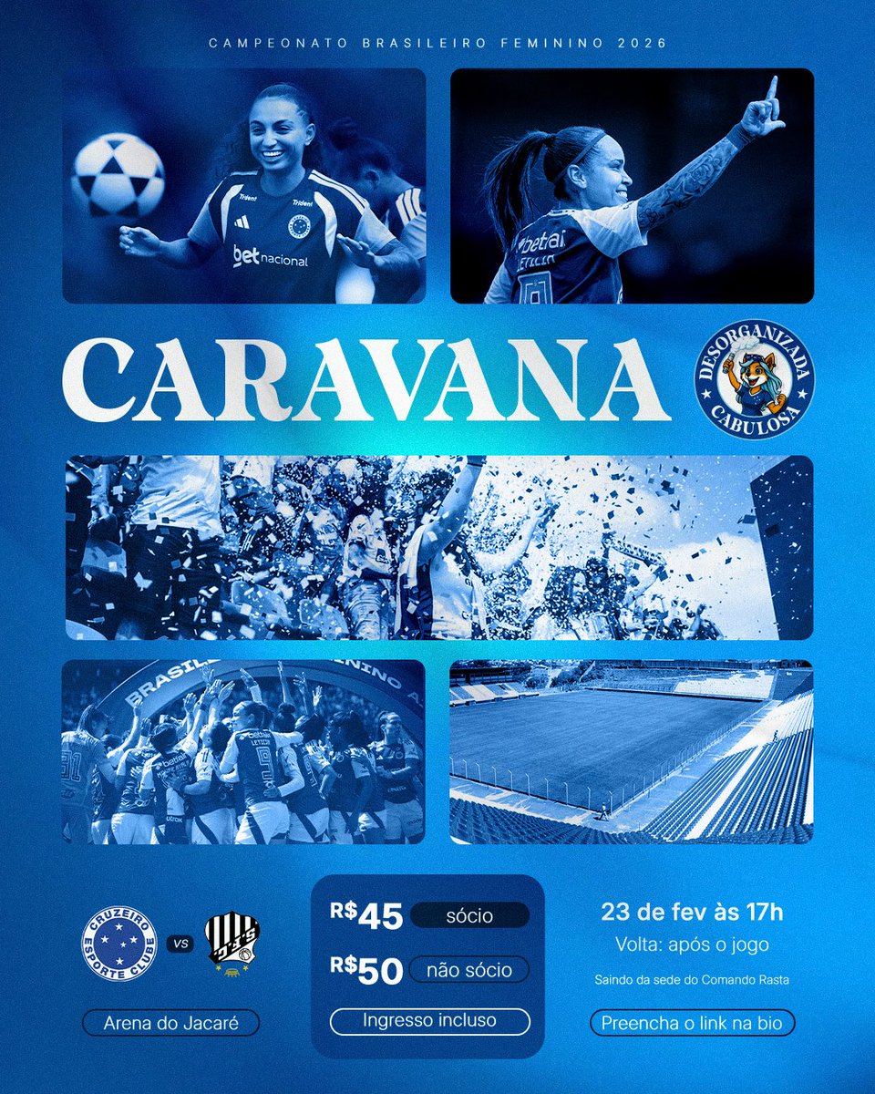 A Torcida Desorganizada Cabulosa segue com nosso compromisso inegociável em apoiar o Cruzeiro de garotas!
Saída: 23/02 (segunda-feira), 17h
Local: Comando Rasta
Pagamento: natalia-simoes@hotmail.com
Sócio: 45
Não-sócio: 50
INGRESSO INCLUSO
Vagas limitadas
forms.gle/bXnT5BCqQxCHfW…