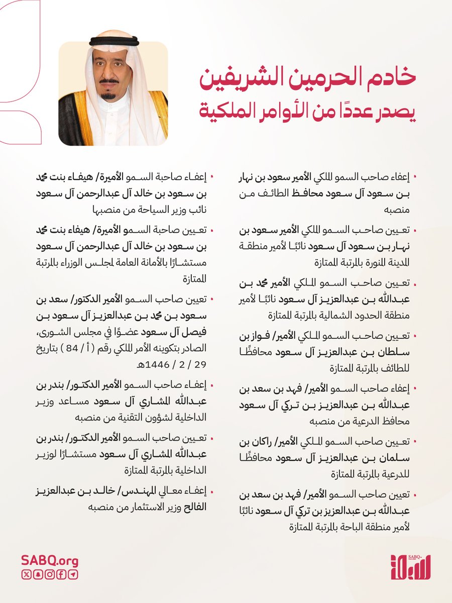 بأمر خادم الحرمين الشريفين.. تعيينات وإعفاءات تشمل وزراء ومناصب قيادية في الدولة