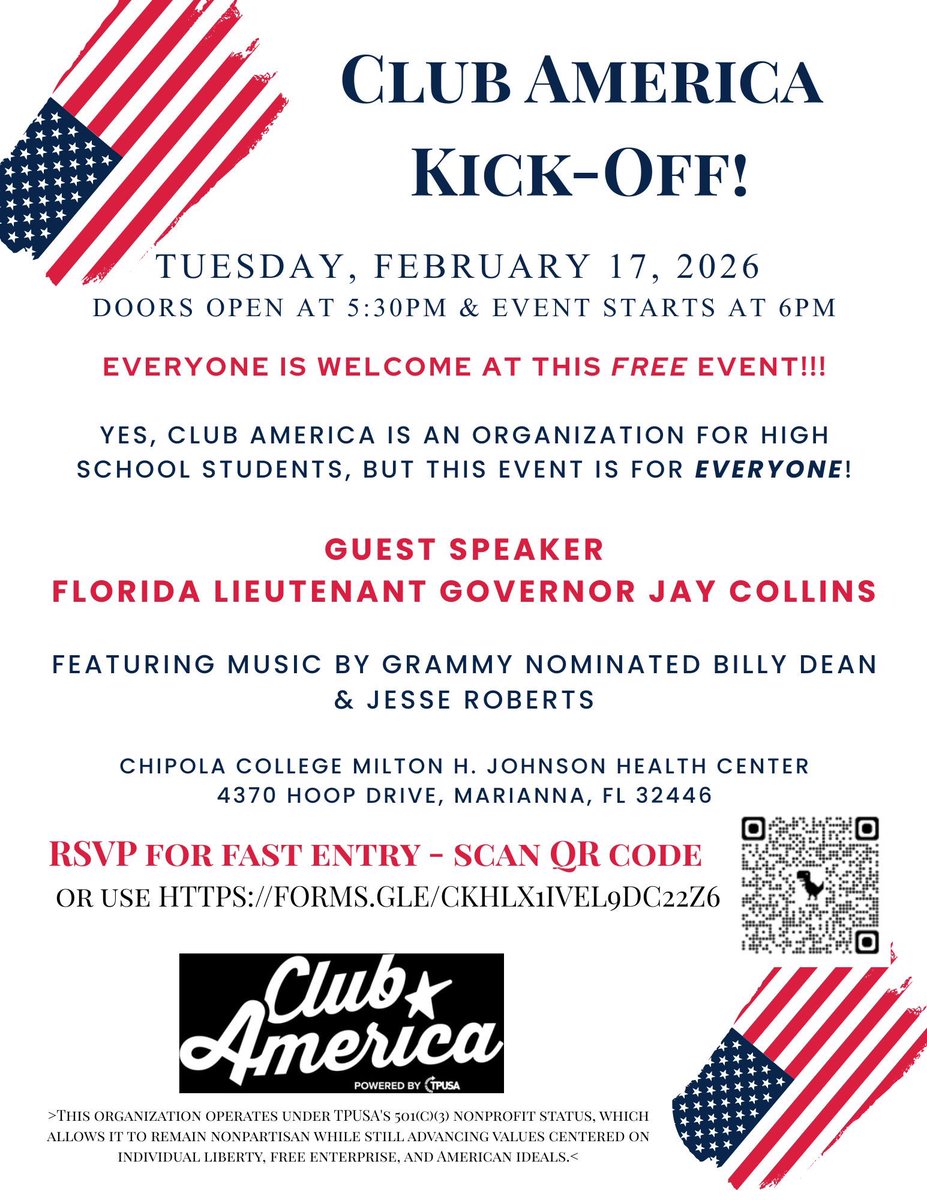 CAJAXCALCOUNTY's tweet photo. 5 DAYS!!!
FLORIDA PANHANDLE WE ARE ONLY 5 DAYS AWAY FROM GREAT NIGHT OF FAITH AND PATRIOTISM!!! RSVP TODAY WITH THE LINK IN OUR BIO!!!@JayCollinsFL *Club America and TPUSA do not endorse any candidates. This is not a campaign event* https://t.co/n5V5KhsKpX