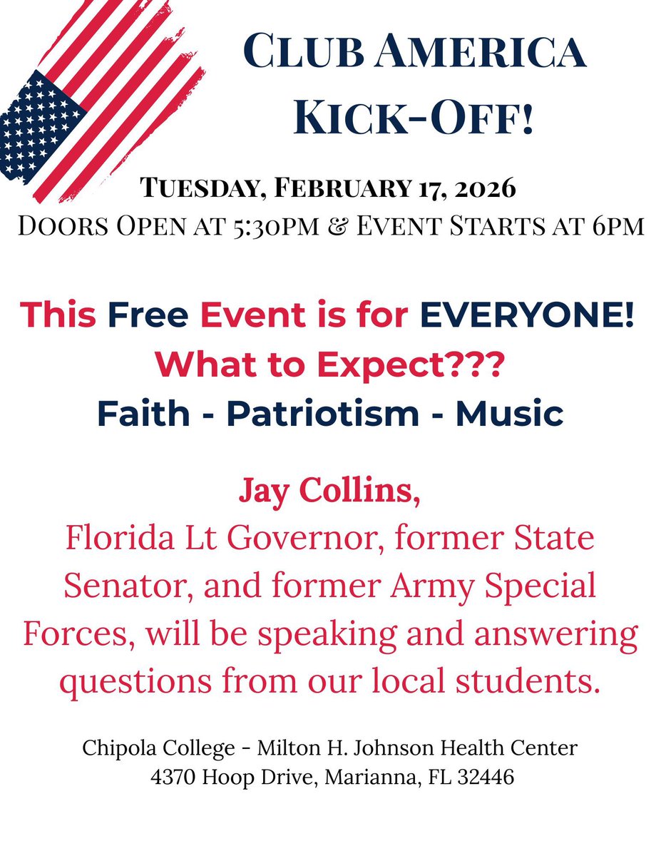 CAJAXCALCOUNTY's tweet photo. 5 DAYS!!!
FLORIDA PANHANDLE WE ARE ONLY 5 DAYS AWAY FROM GREAT NIGHT OF FAITH AND PATRIOTISM!!! RSVP TODAY WITH THE LINK IN OUR BIO!!!@JayCollinsFL *Club America and TPUSA do not endorse any candidates. This is not a campaign event* https://t.co/n5V5KhsKpX