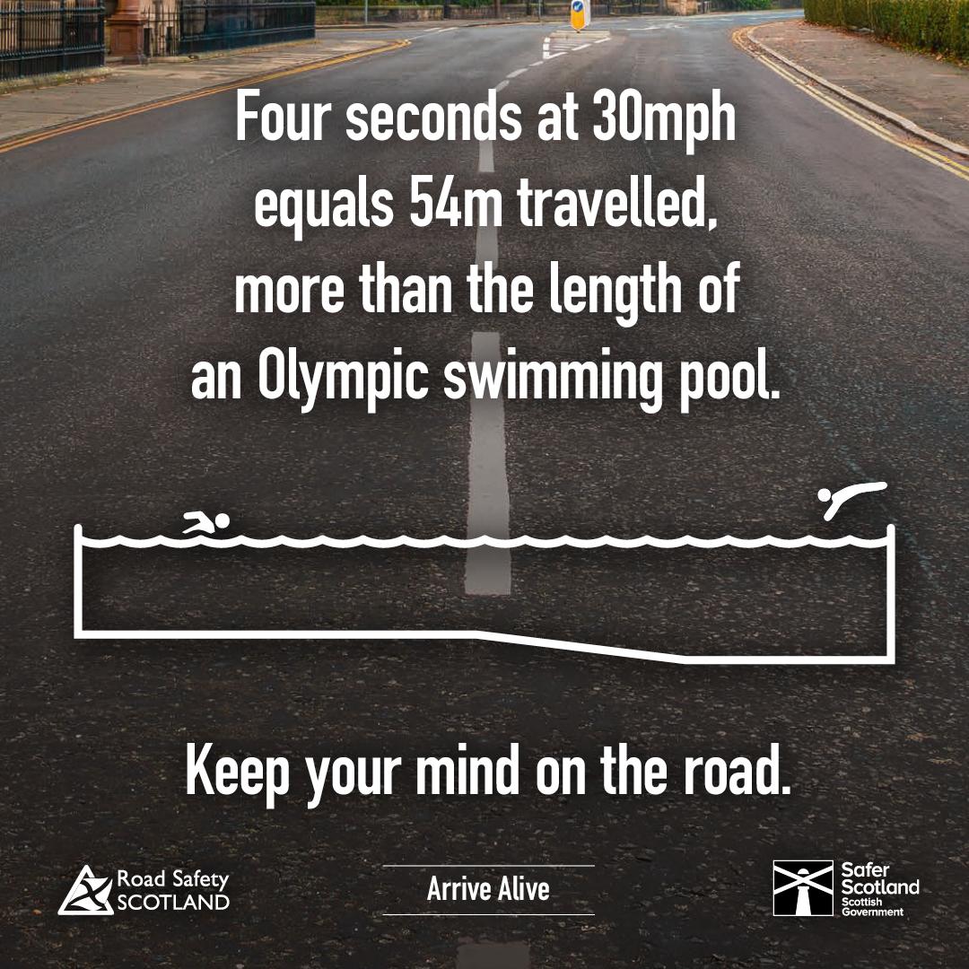 RoadSafetyScot's tweet photo. Taking your focus off the road for four seconds to update your sat nav? At 30mph, your car will travel the length of an Olympic swimming pool.

Keep your mind on the road.

Learn more at https://t.co/beyaRZfndL

#ArriveAlive https://t.co/TNPWgbvKlo