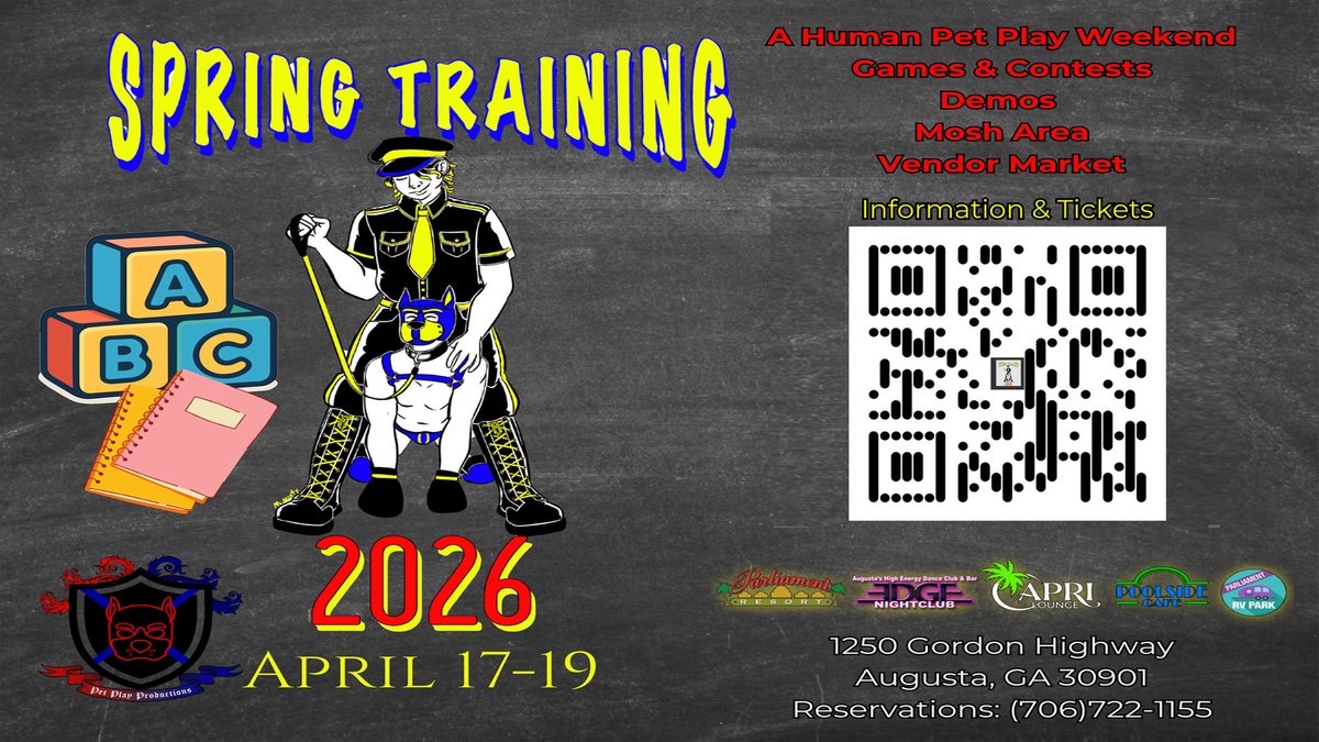 MetropolisAug's tweet image. 🐾 SPRING TRAINING 2026 🐾

Get ready for a full weekend of:
🎯 Games &amp;amp; contests
🔥 Demos
🤘 Mosh area
🛍️ Vendor market

🎟️ Info &amp;amp; tickets: Scan the QR code
📞 Reservations: (706) 722-1155
🏨 1250 Gordon Highway | Augusta, GA 30901

Tag your pack &amp;amp; start planning now! 🐶🐾💥